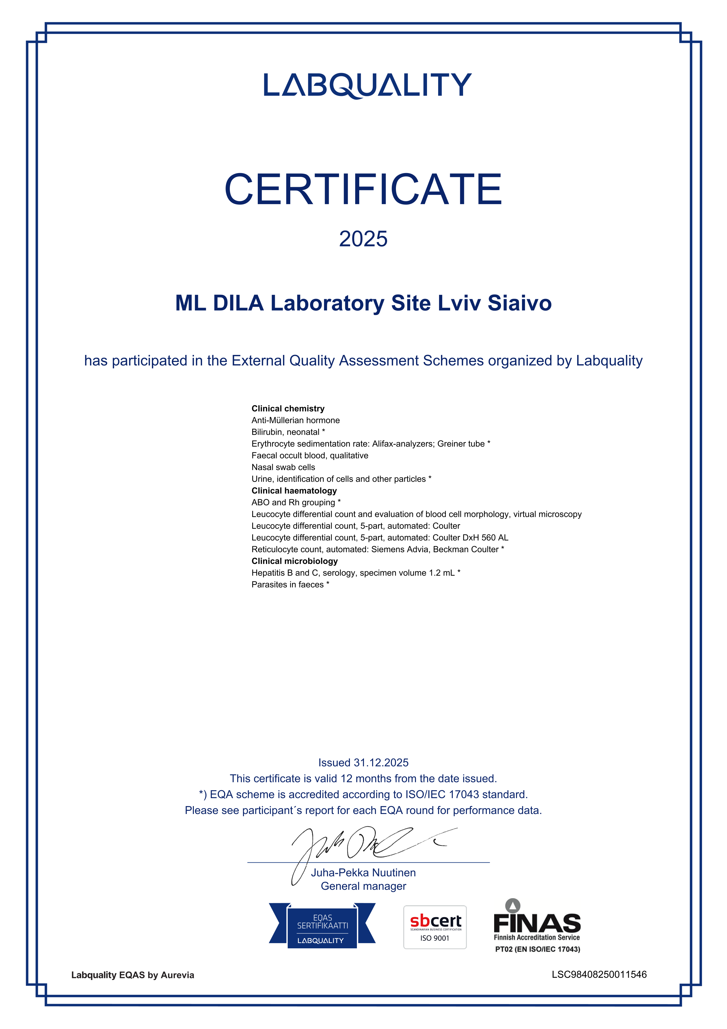 Фото - Сертифікат участі в програмі зовнішньої оцінки якості Labquality 2025