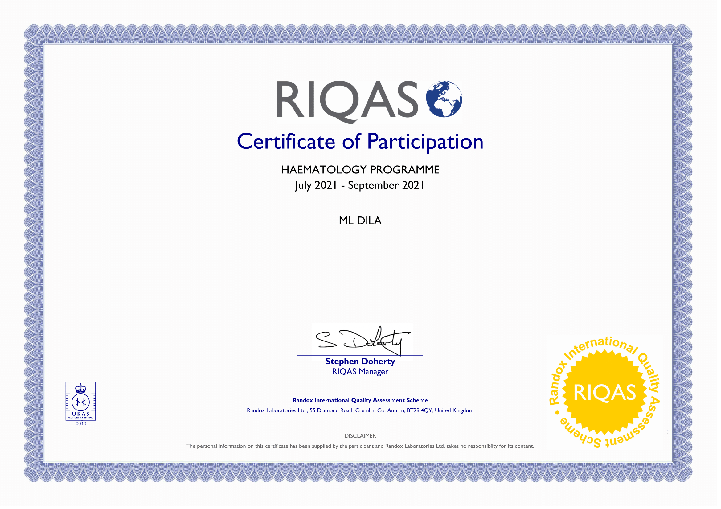 Фото - Сертифікат про успішне проходження зовнішньої оцінки якості по системі RIQAS ( Велика Британія). Haematology Programme 