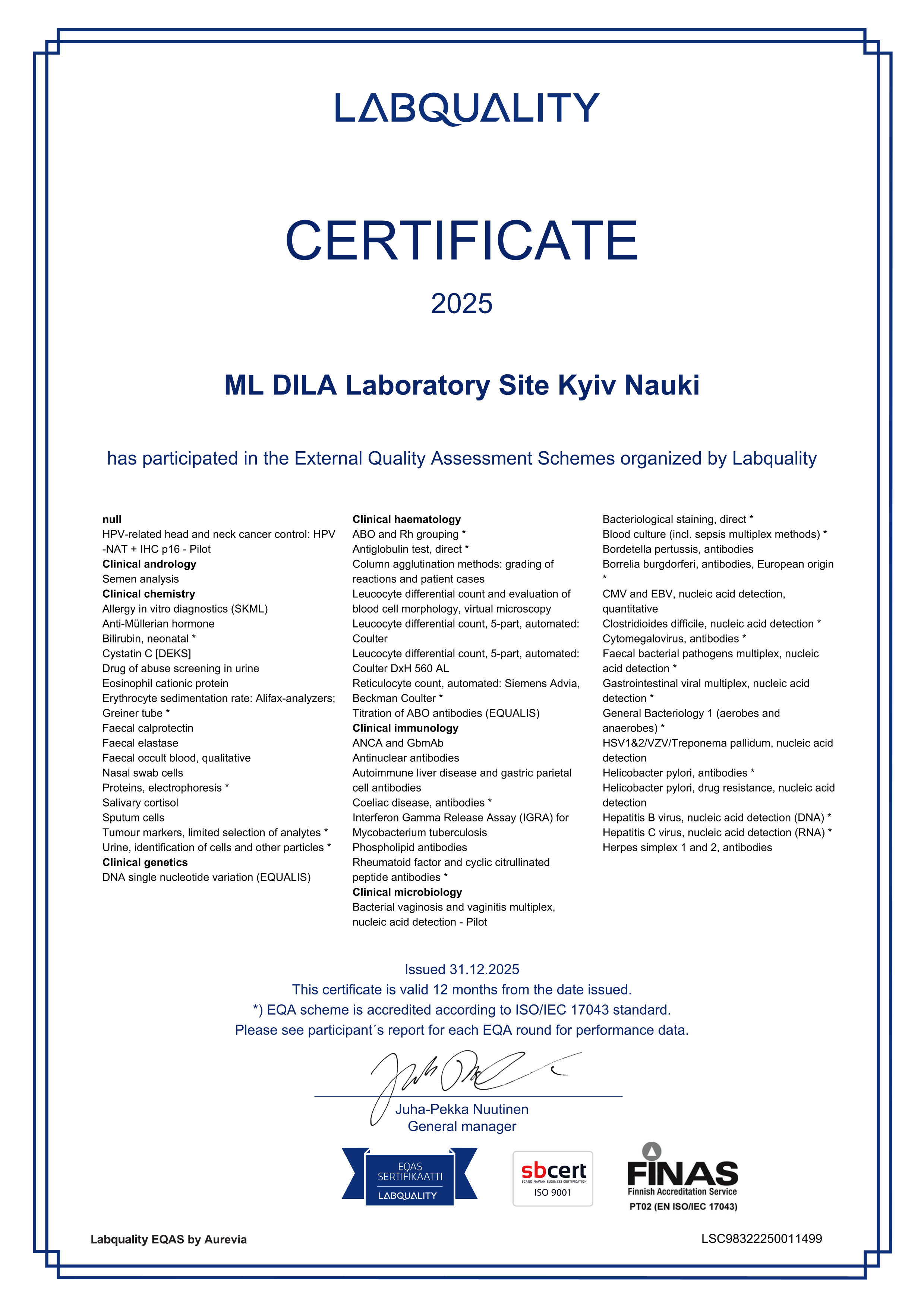 Фото -  Сертификат участия в программе внешней оценки качества Labquality_2025