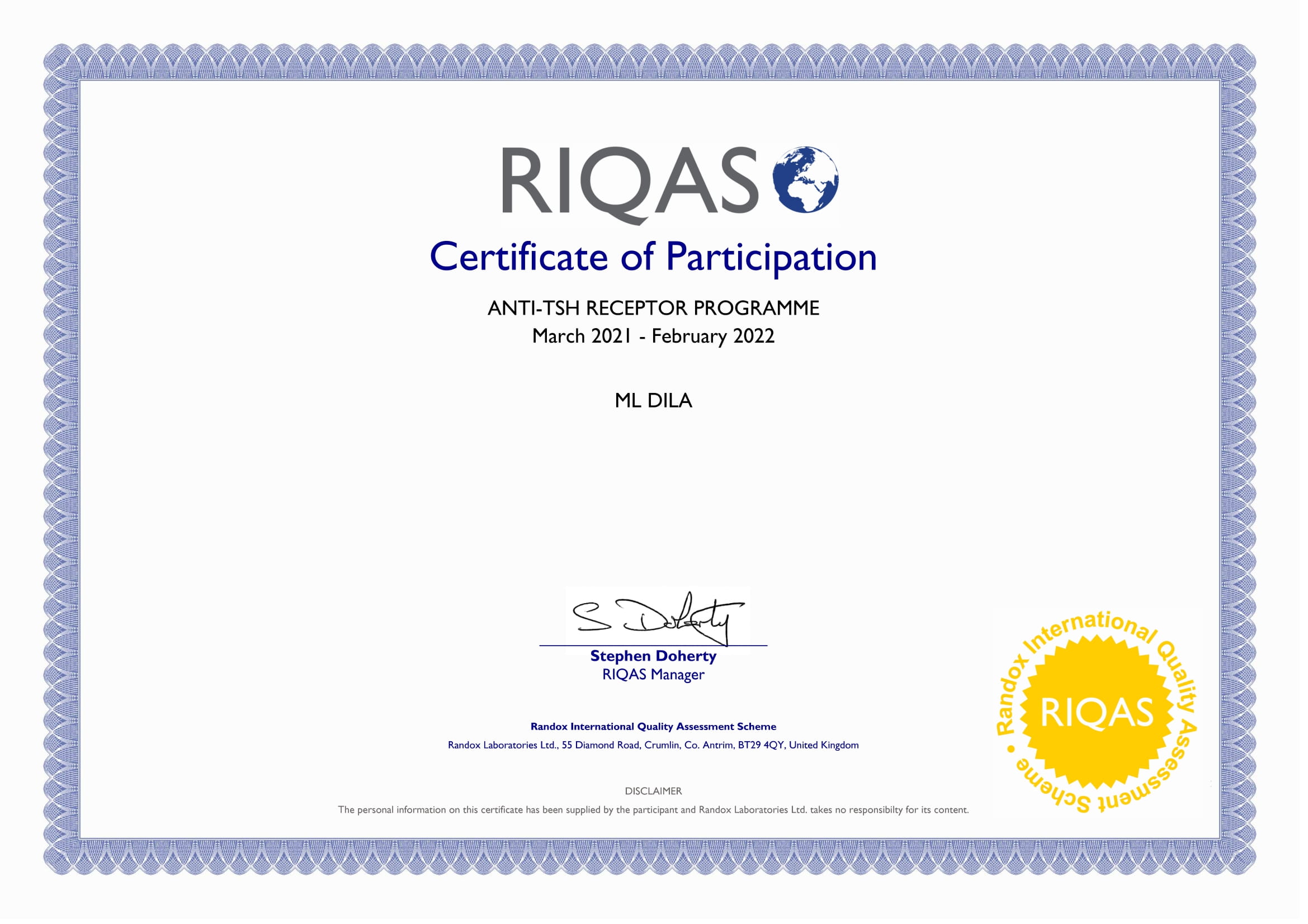 Фото - Сертифікат участі в програмі зовнішньої оцінки якості RIQAS (Антитіла до ТТГ)