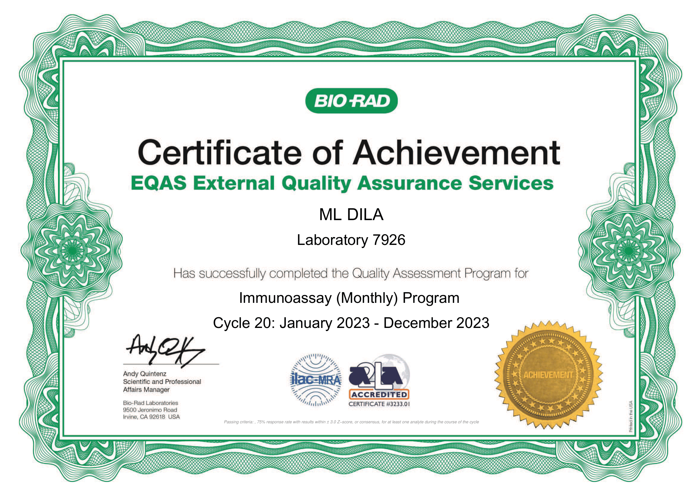 Фото - Сертификат участия в программе внешней оценки качества EQAS (Иммунохимия) 2023