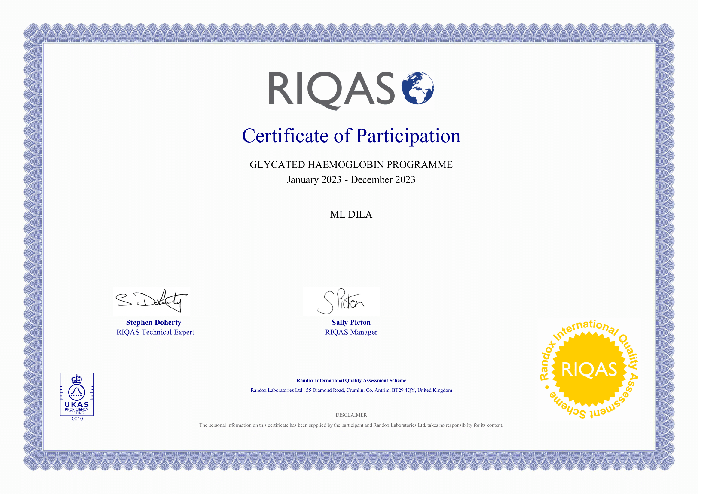 Фото - Сертифікат участі в програмі зовнішньої оцінки якості RIQAS (Глік. гемоглобін прилад 2) 2023