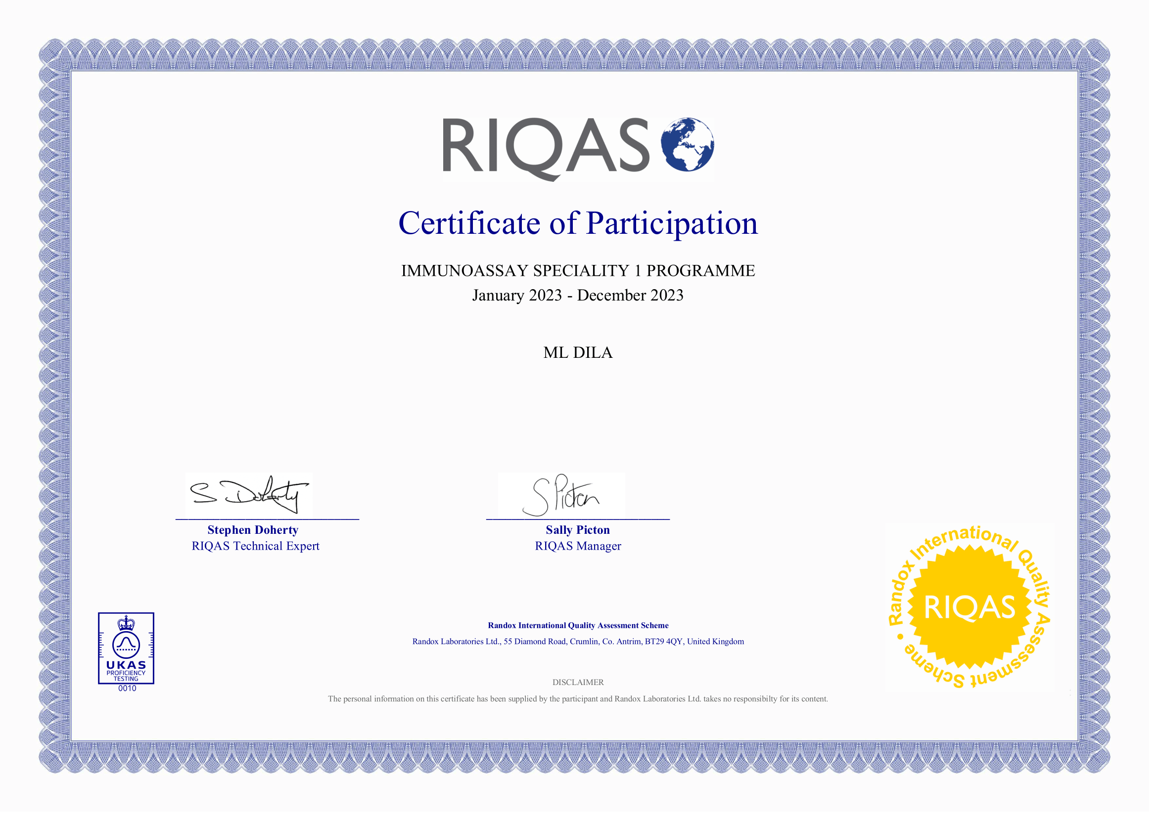 Фото - Сертифікат участі в програмі зовнішньої оцінки якості RIQAS (Спец. імунохімія І) 2023