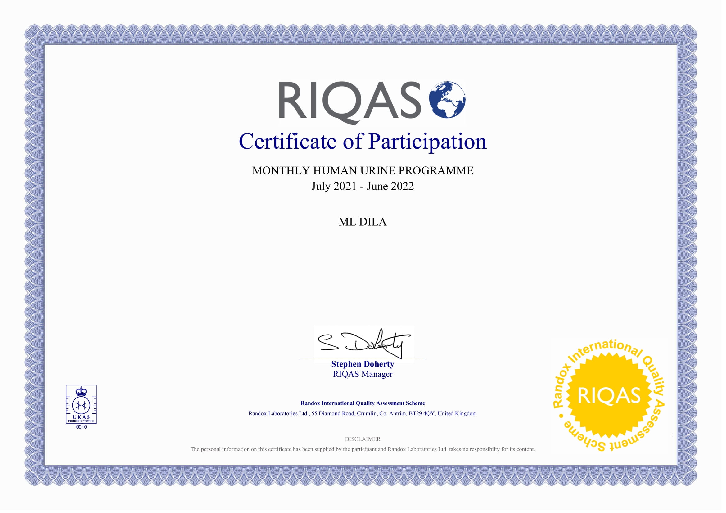 Фото - Сертифікат участі в програмі зовнішньої оцінки якості RIQAS (Біохімія сечі)
