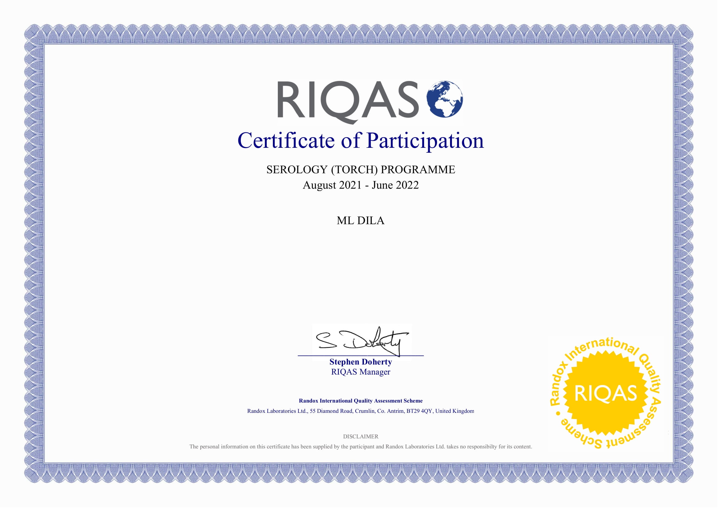 Фото - Сертификат участия в программе внешней оценки качества RIQAS (серология TORCH-инфекции)