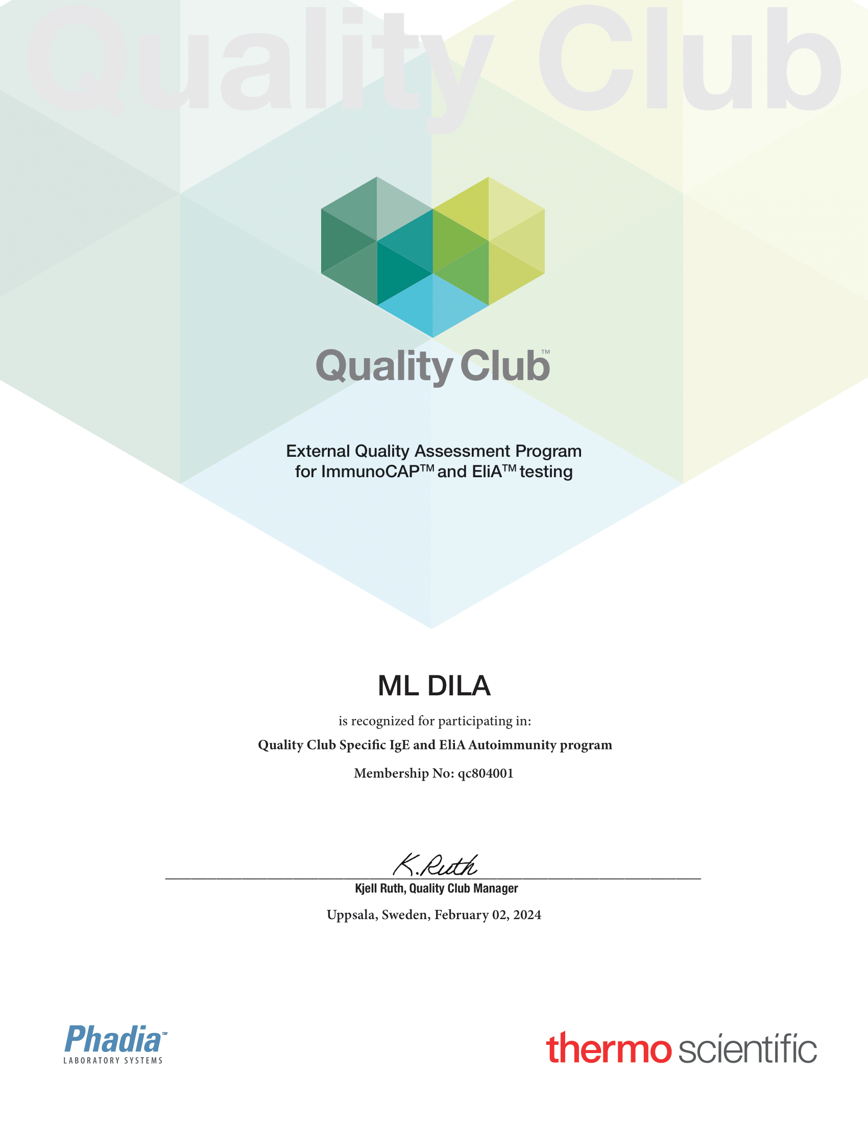 Фото - Сертификат участия в программе внешней оценки качества QC Phadia (ImmunoCAP IgE, ELIA) 2023