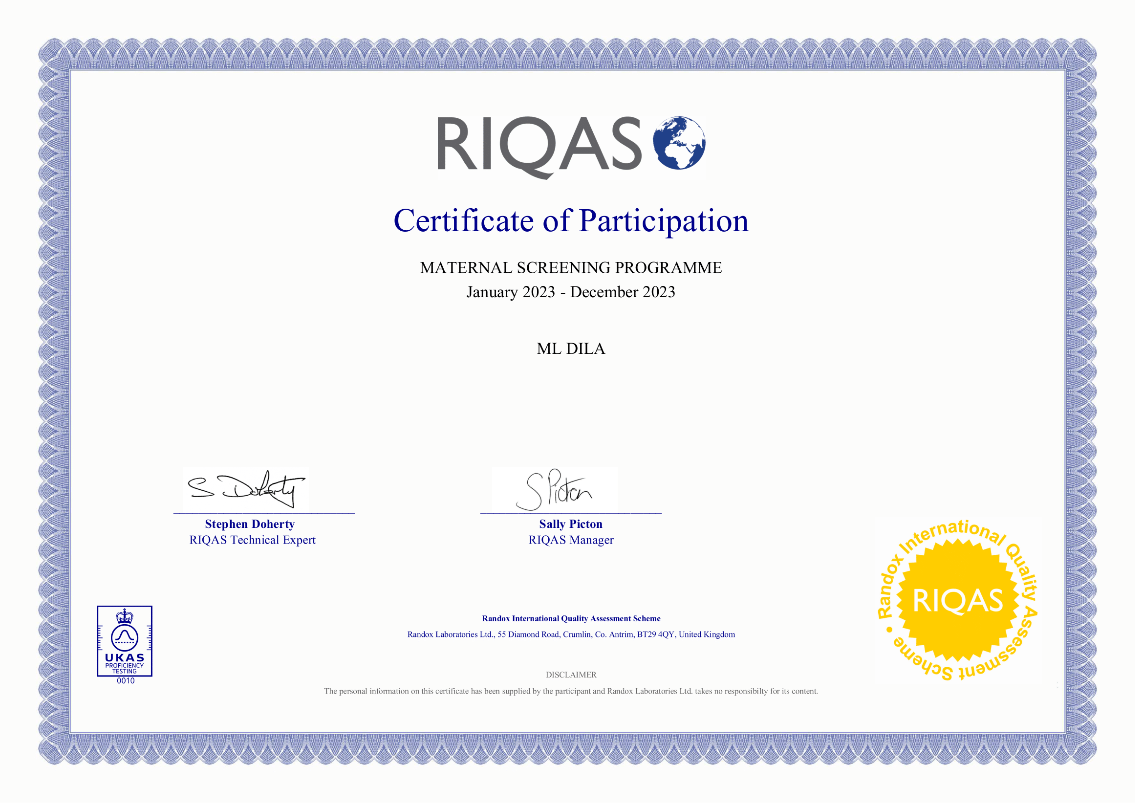 Фото - Сертифікат участі в програмі зовнішньої оцінки якості RIQAS (Пренатальний скринінг) 2023