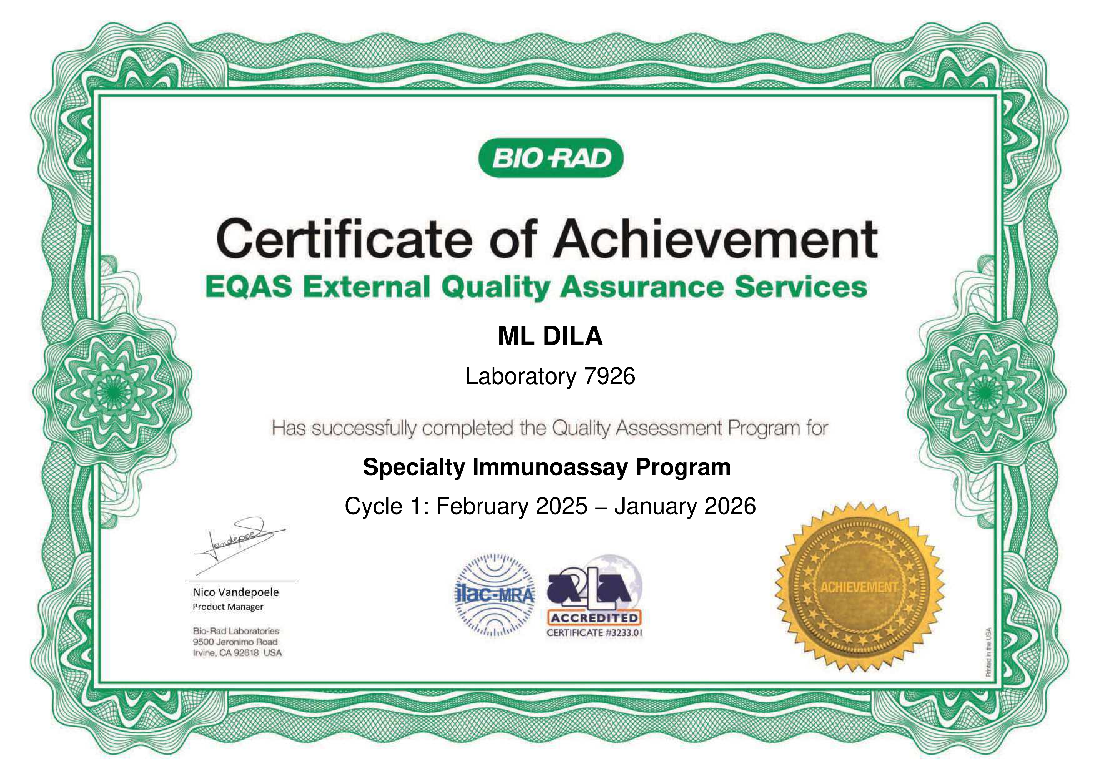 Фото - Сертифікат участі в програмі зовнішньої оцінки якості RIQAS (Спец. імунохімія І) 2026