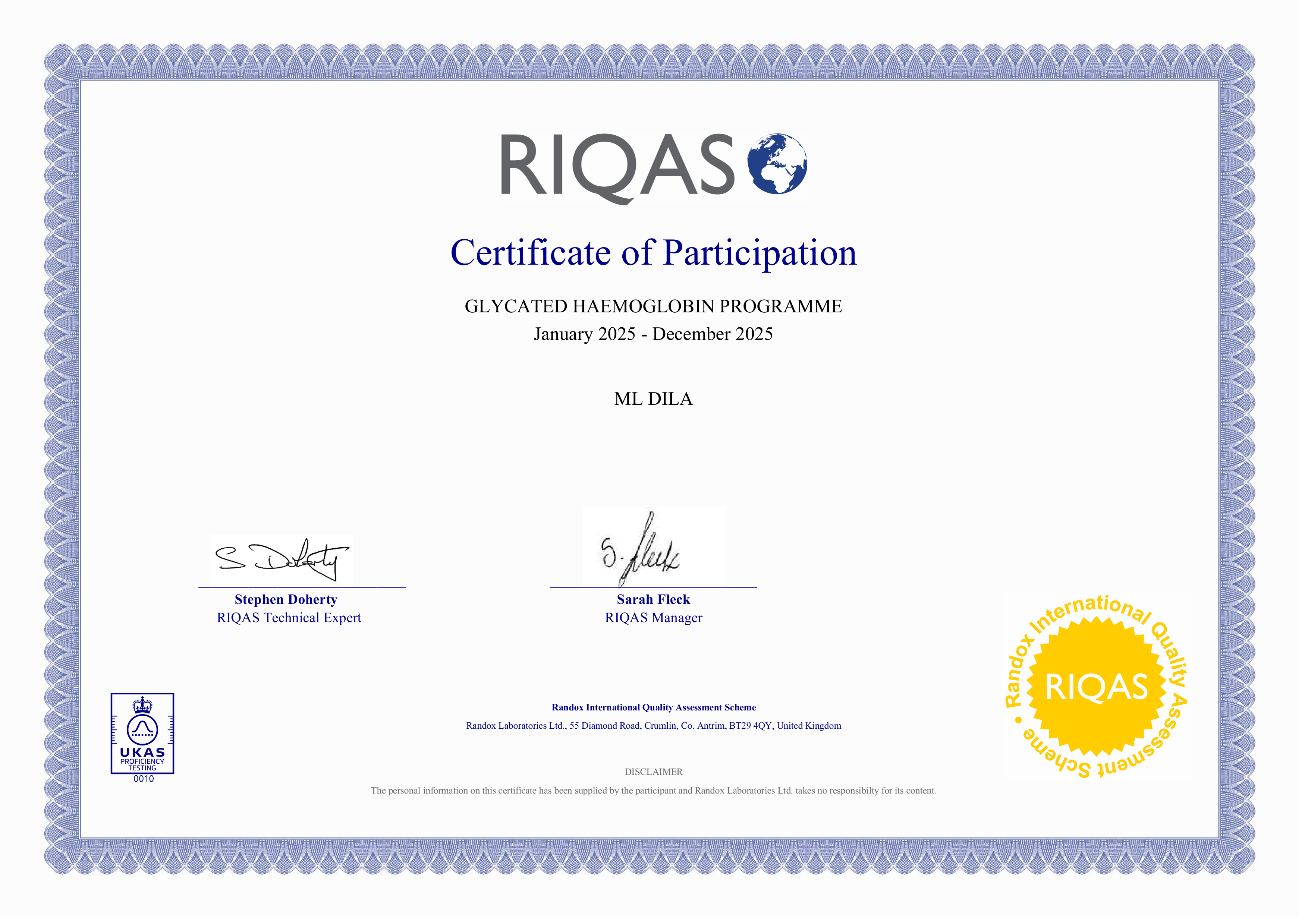 Фото - Сертифікат участі в програмі зовнішньої оцінки якості RIQAS (Глік. гемоглобін) 2025